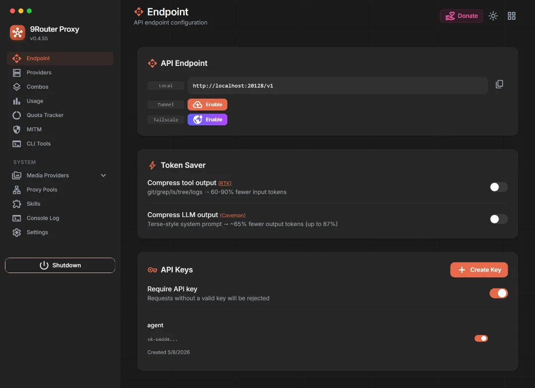 Dashboard 9Router - Base URL & API Key